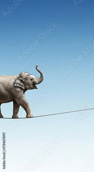 Obraz  A surreal video of an elephant on a tightrope, symbolizing balance, courage, and creativity, perfect for motivational projects. elephant, balance, surrealism, courage, and conceptual art