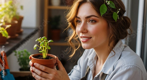 Fototapeta A smiling woman with leaves in her hair lovingly holds a growing herb plant in sunlight, embodying joy and nurturing, setting a peaceful mood.