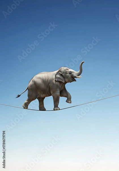 Obraz  A surreal video of an elephant on a tightrope, symbolizing balance, courage, and creativity, perfect for motivational projects. elephant, balance, surrealism, courage, and conceptual art