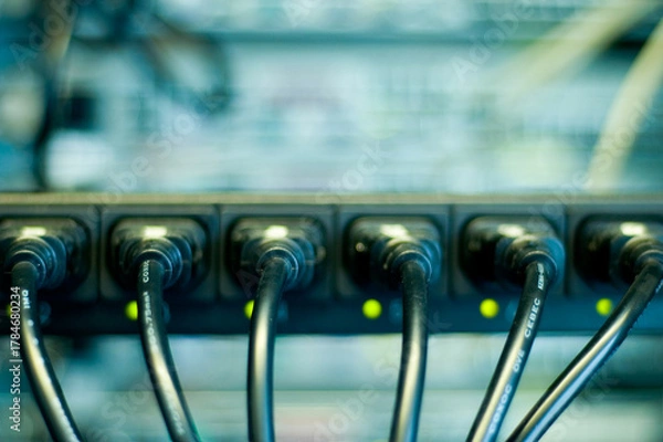 Fototapeta Power cables on technology switch internet connectivity