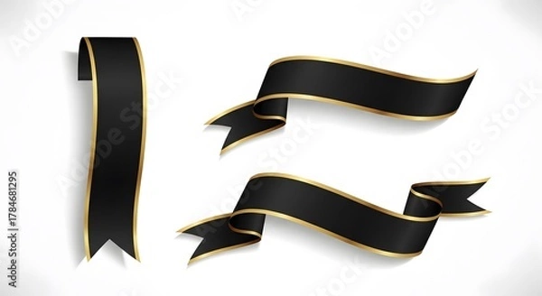 Fototapeta Elegant black ribbons with gold trim vector banners for decoration and design isolated on white