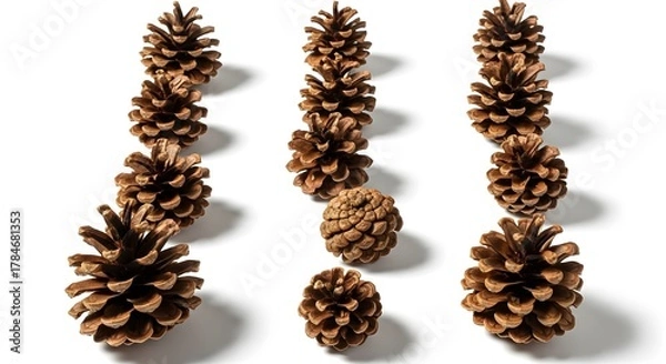 Fototapeta Pine cones arranged in rows studio shot on white perfect for holiday backgrounds