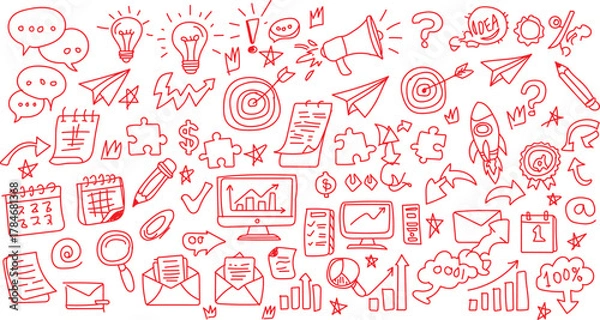 Fototapeta Business idea doodle collection with charts and icons A collection of red hand-drawn business doodles including charts, graphs, lightbulbs, and communication icons.