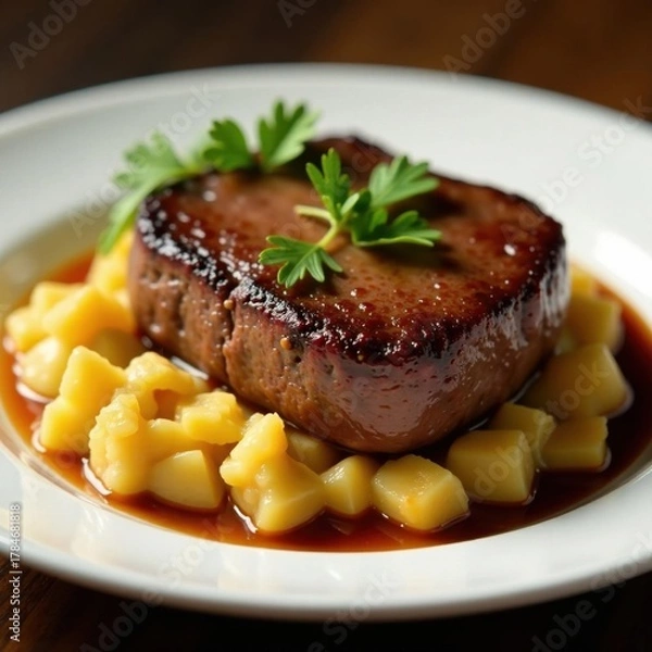 Fototapeta Perfectly cooked filet, glossy port reduction, fluffy potatoes , food styling, gourmet, appetizing