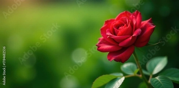 Fototapeta Single red rose, lush green leaves, rustic farm background , flora, spring