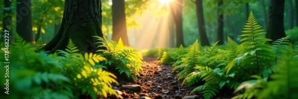 Fototapeta Soft morning light filters through lush ferns and moss along a forest track , fresh, trail