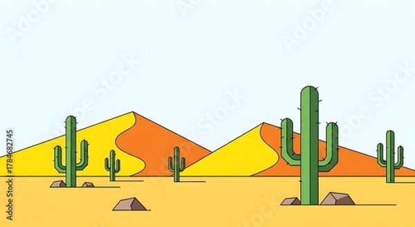 Obraz Minimalist illustration of a desert landscape with cacti and sand dunes under a bright sky, perfect for travel and nature themes.