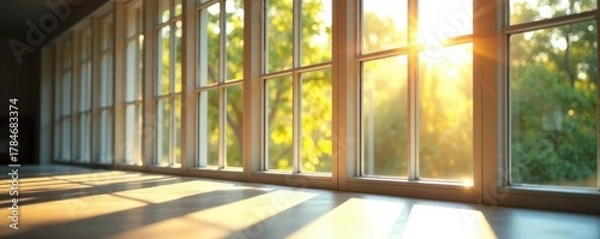 Fototapeta Vertical row of slim windows, sunlight streaming through, close-up, structure
