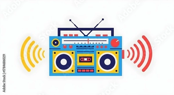 Fototapeta Retro boombox with sound waves, vibrant illustration of vintage audio equipment