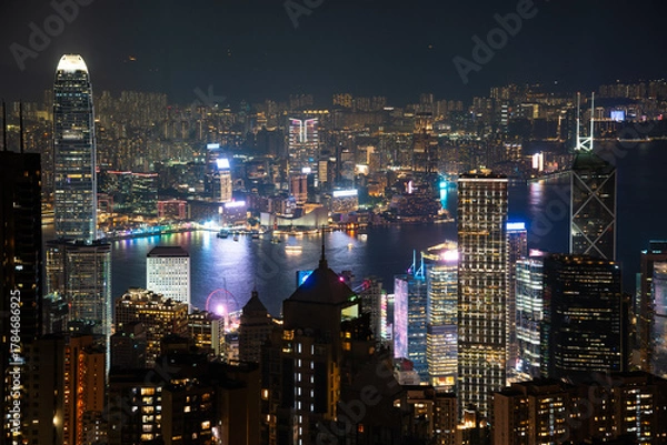 Obraz Hong Kong city view at night, skyscrapers and modern architecture