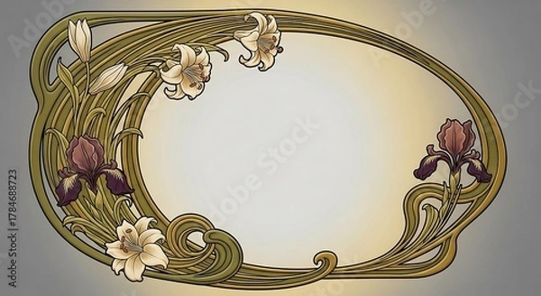 Fototapeta art nouveau frame with lilies and irises floral ornament in elegant style for backgrounds invitations evoking vintage elegance and decorative arts design.