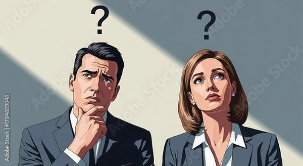 Obraz Confused business people looking up wondering about strategy isolated on gray background for presentation on innovative planning and brainstorming.