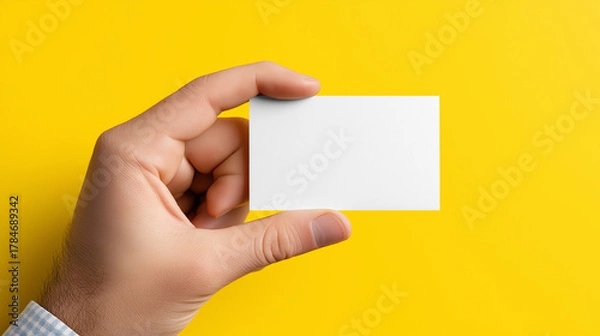 Fototapeta Hand holding blank white business card against bright yellow background for showcasing minimalist design.