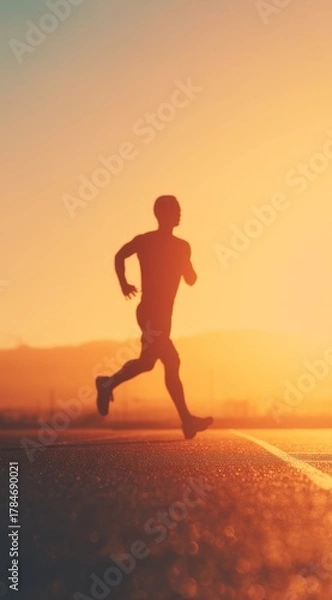 Fototapeta Silhouette of a runner crossing the finish line at sunset with golden sky, long shadows on the track, minimalistic and emotional composition, artistic sports photography, peaceful yet powerful moment