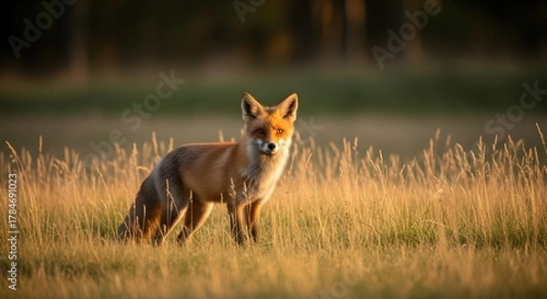 Obraz Wild Red Fox Gazing at Camera in Golden Grass Field during Sunset