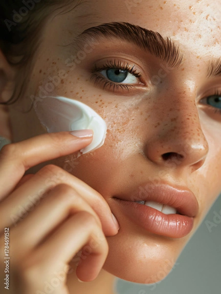 Fototapeta macro close-up of female hand applying moisturizer on cheek, natural skin texture, minimal background, soft lighting, skincare advertising photography