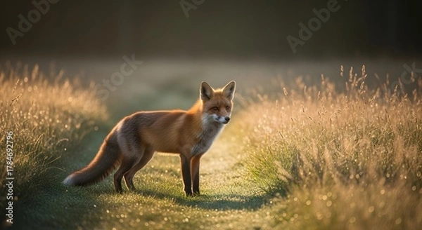 Obraz Portrait of a Red Fox Standing in a Sunlit Field with Morning Dew