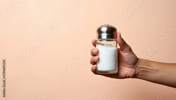 Obraz Hand holding a glass salt shaker against a soft peach-colored background