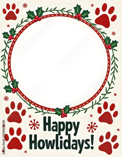 Fototapeta Festive 'Happy Howlidays' greeting card with paw prints and holiday wreath