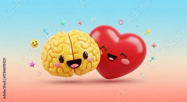 Fototapeta Cartoon brain and heart characters representing emotional and intellectual balance