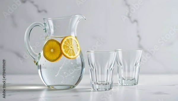 Fototapeta Carafe of filtered water with lemon slice, two crystal tumblers, pristine backdrop
