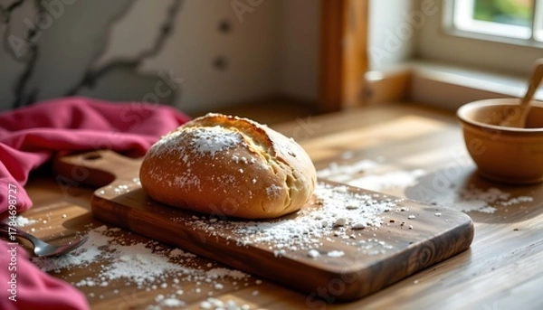Fototapeta Minimal bread board with single sourdough loaf, flour dusting, sunlit shelf