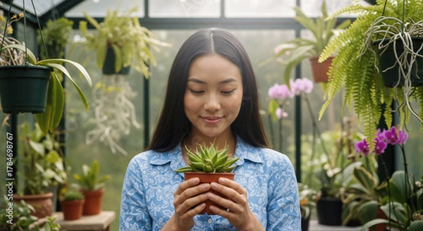 Obraz A smiling woman in a blue print blouse gently holds a succulent plant in a bright greenhouse, creating a nurturing and calm mood.