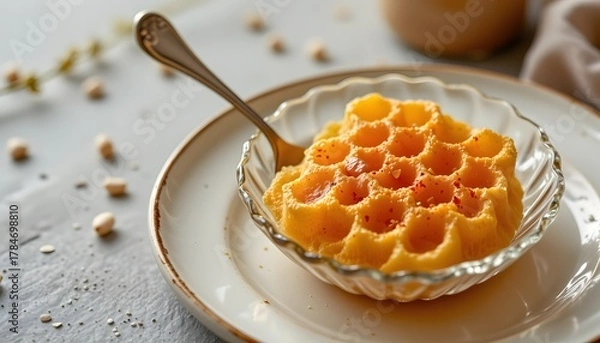Fototapeta Honeycomb in glass dish, tiny fork, neutral ceramics around, golden sparkle
