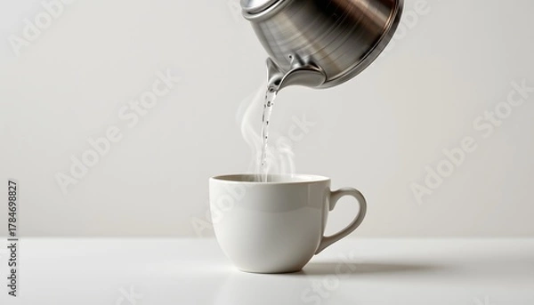 Fototapeta Minimal kettle pour over empty cup, steam wisp, pure background