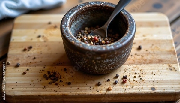 Fototapeta Mortar with crushed pepper, tiny spill on board, razor clean focus