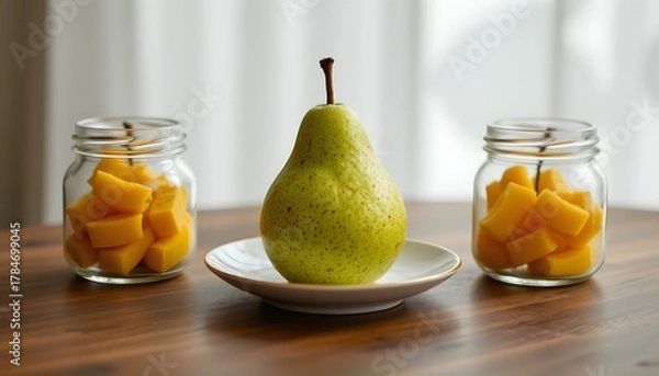 Fototapeta Minimal fruit accent: single green pear on saucer between jars, calm geometry