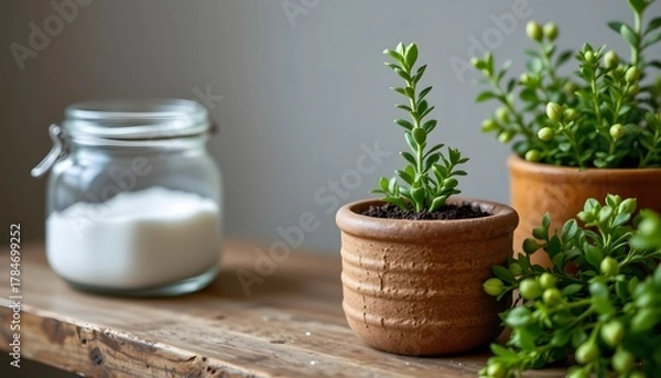 Fototapeta Tiny planter with rosemary next to salt jar, restrained greenery