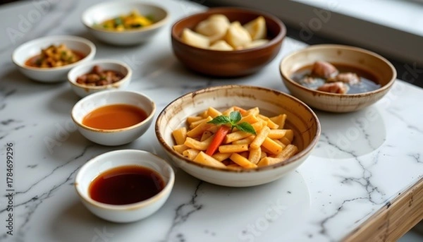 Fototapeta Set of dim sum sauce dishes, linear arrangement, gloss speculars