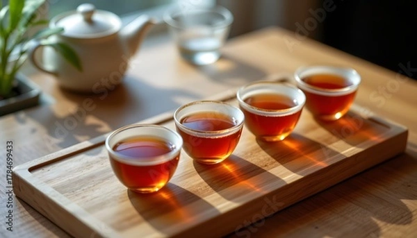 Fototapeta Minimal tea flight: three cups, three tones of tea, straight alignment