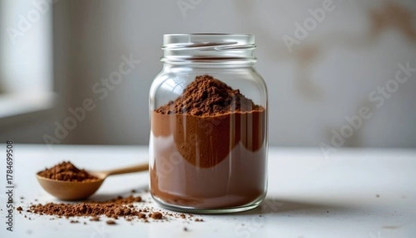 Fototapeta Transparent jar of cocoa powder with scoop line, precise focus