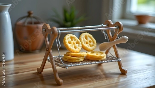 Fototapeta Pasta drying rack miniature, single nest displayed, calm backlight