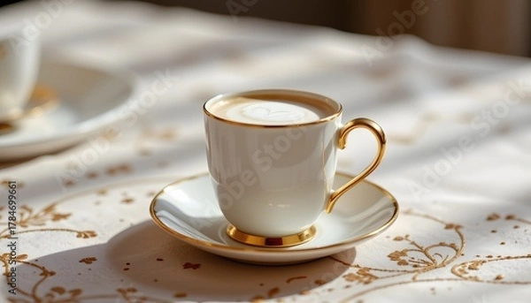 Fototapeta Mini milk frothing pitcher, saucer, elegant narrow highlights