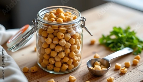 Fototapeta Clear jar of chickpeas, measuring spoon resting, warm tones