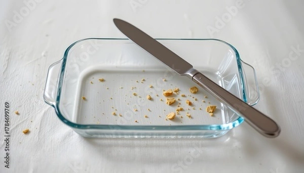 Fototapeta Glass butter dish empty, knife parallel, restrained composition