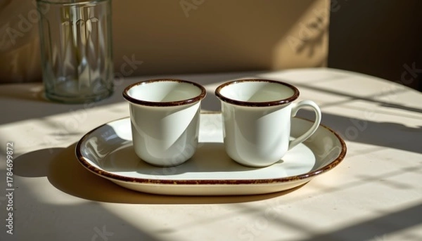Fototapeta Pair of enamel cups on tray, geometric shadow, golden morning