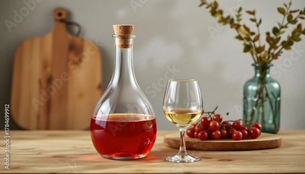 Fototapeta Scandi carafe with cork stopper, glass next to it, precise spacing