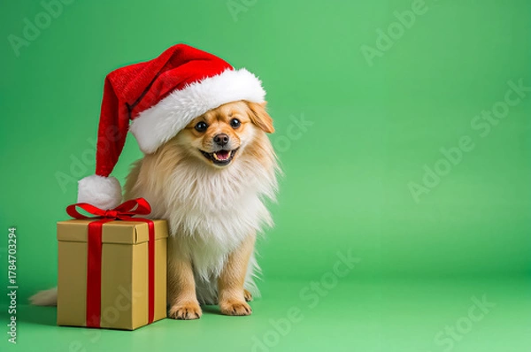 Obraz A cute Australian silky terrier dog wearing a Santa hat with a gift box sitting a side of soft green background.