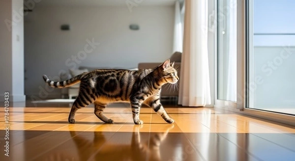 Obraz Tabby Cat Walking on Sunlit Wooden Floor Towards Bright Window