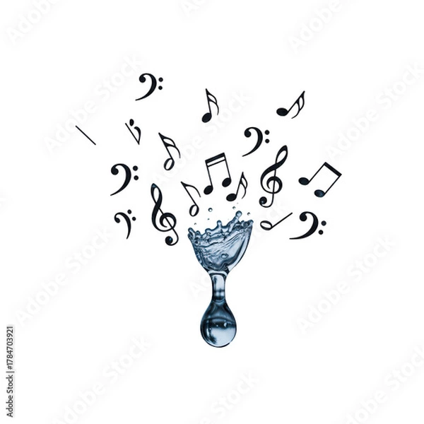 Fototapeta Water glass with musical notes floating above, isolated on transparent background, creating a harmonious blend of elements