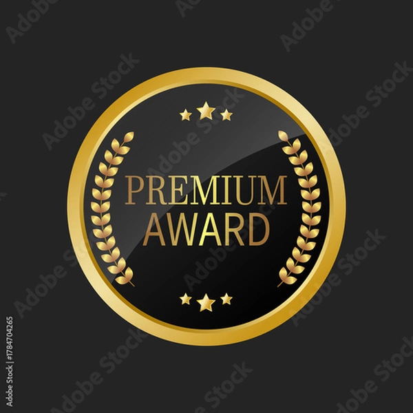 Fototapeta Premium award. Realistic round medal with a golden laurel wreath and stars isolated on a black background. 