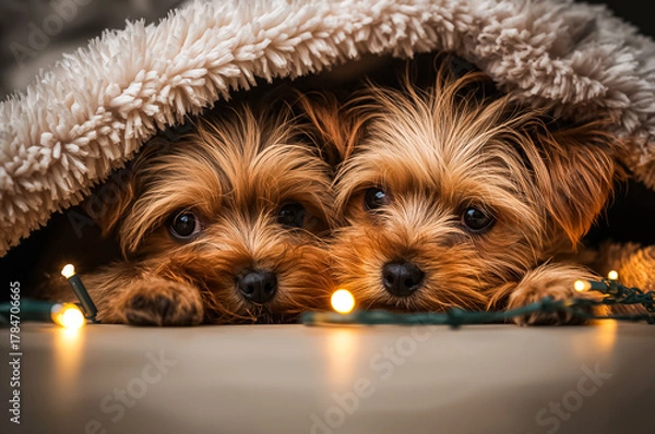 Obraz Australian silky terrier dogs snuggle under a soft cosy blanket with Christmas tree light.