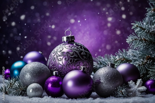 Fototapeta Christmas ornaments and tree branch on the snow in purple light tone.
