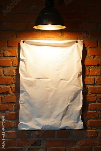 Obraz a canvas hanging on brick wall illuminated by vintage lamp