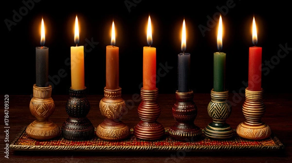 Fototapeta Traditional Kwanzaa kinara with seven candles glowing bright