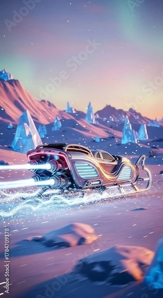 Fototapeta A sleek, futuristic vehicle with glowing blue energy trails speeds through a vibrant, snowy, mountainous terrain under a pastel sky.